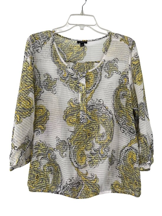 Ann Taylor Tops - Ann Taylor Paisley Blouse Womens L Yellow Gray Sheer Used